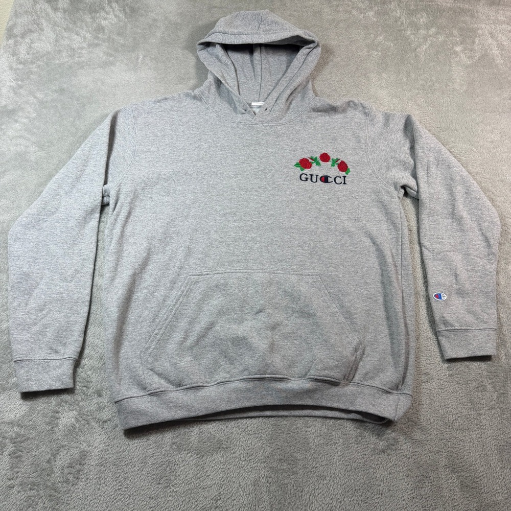 Champion Ana Nirui Gucci Hoodie Mens XL Gray Reverse Weave Rose Embroidered
